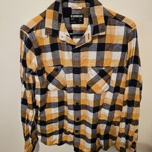 Express Men Yellow and Black Plaid Shirt